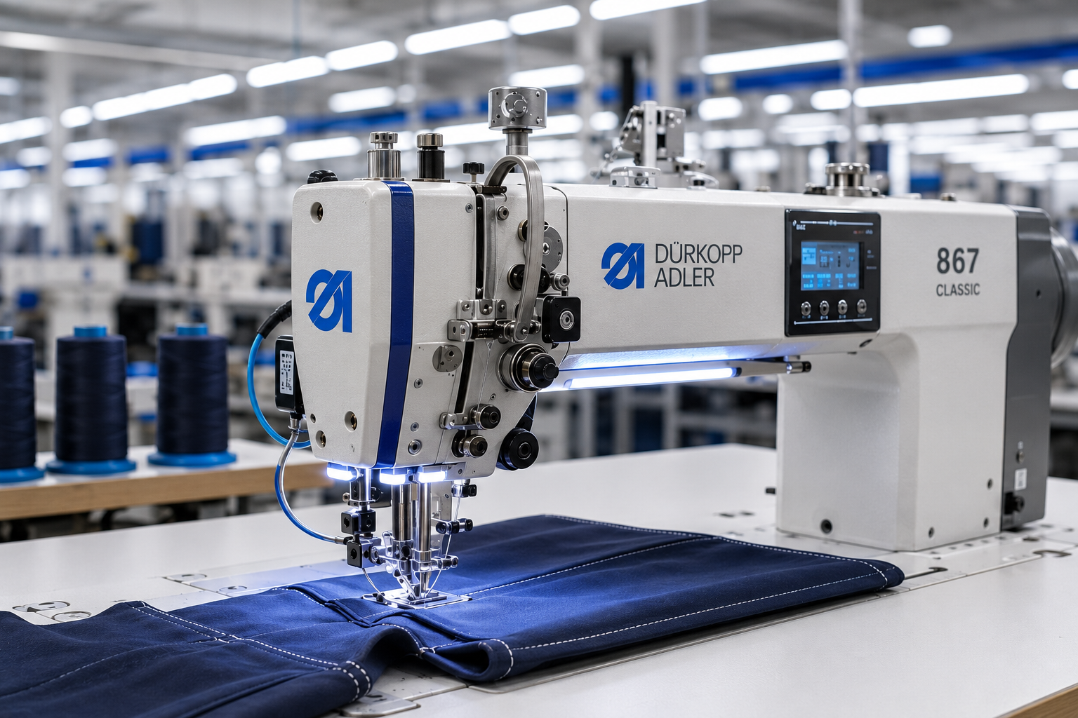 Industrial sewing machine stitching navy uniform fabric at MEDITEX Factory